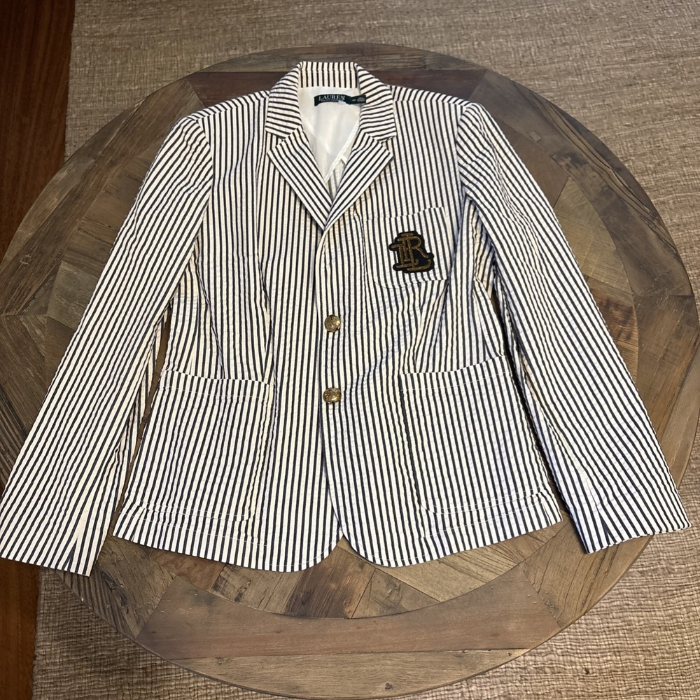 Polo Ralph Lauren Cream Black Stripe Cotton PRL Patch Blazer Women Size 14P